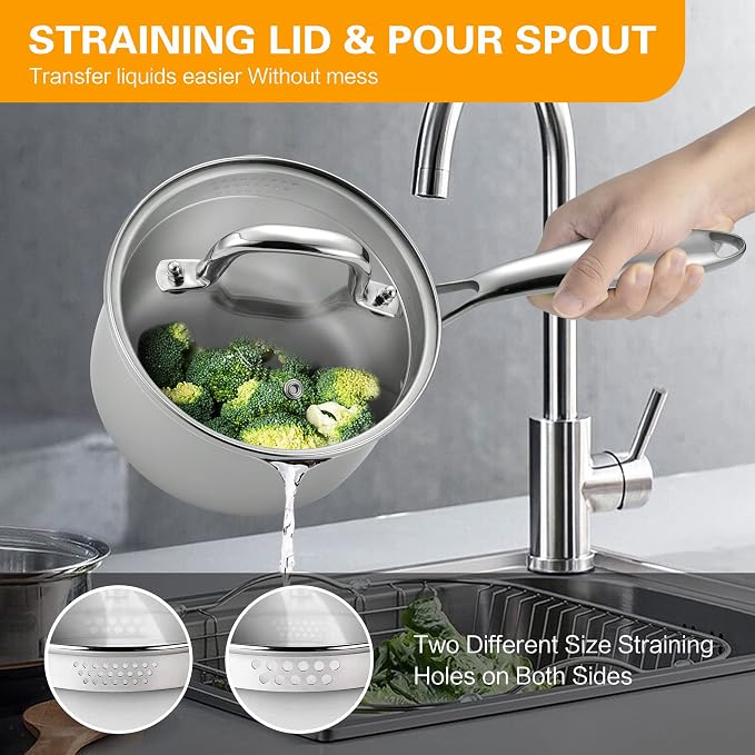 Stainless Steel Saucepan with Tempered Glass Lid, 2.5 Quart Multipurpose Cooking Pot, Sauce Pot for Easy Pour with Ergonomic Handle