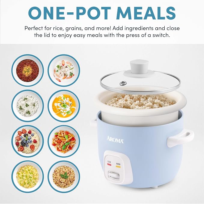 AROMA® Mini Rice Cooker, 2-Cup (Uncooked) / 4-Cup (Cooked), Grain Cooker, Soup Maker, Oatmeal Cooker, Auto Keep Warm, 1 Qt, Blue, ARC-302NGBL