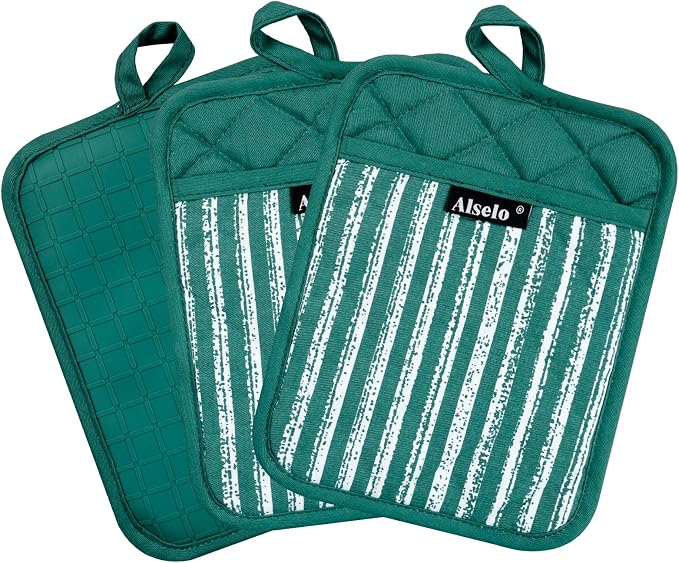 Alselo Silicone Pot Holders Set of 3 Heat Resistant & Non Slip Potholders | Professional Oven Hot Pads with Pockets Mitts for Kitchen Cooking Baking Barbecue (Emerald Green, 3)