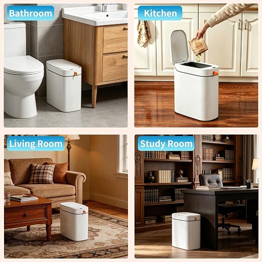 Motion Sensor Bathroom Trash Can, 3.5 Gallon Slim Touchless Automatic Garbage Bin with Lid, Rechargeable Design with Auto Bag Adsorption and One Pull Sealing for Kitchen, Bedroom, Office, Living Room