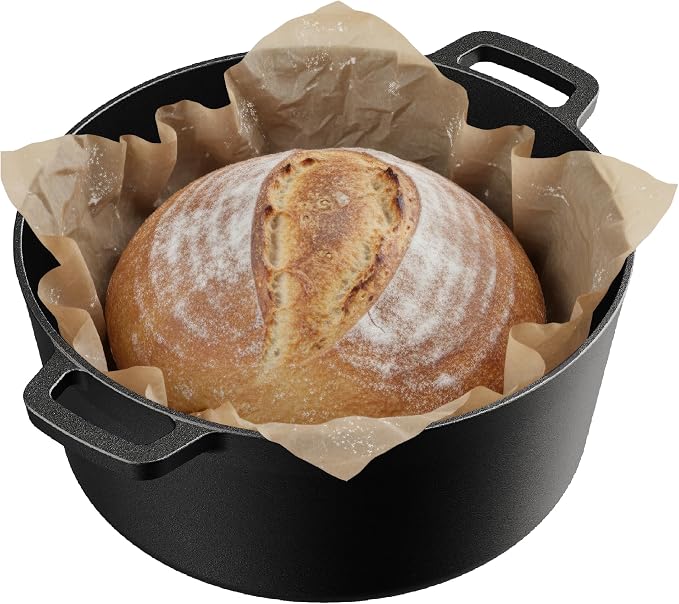 Bakken 2-in-1 Cast Iron Dutch Oven Pot with Skillet Lid, 5QT Pre-Seasoned Dutch Oven for Bread Baking, Roasting & Campfire Cooking, Heavy-Duty Indoor & Outdoor Use with Easy-Grip Dual Handles