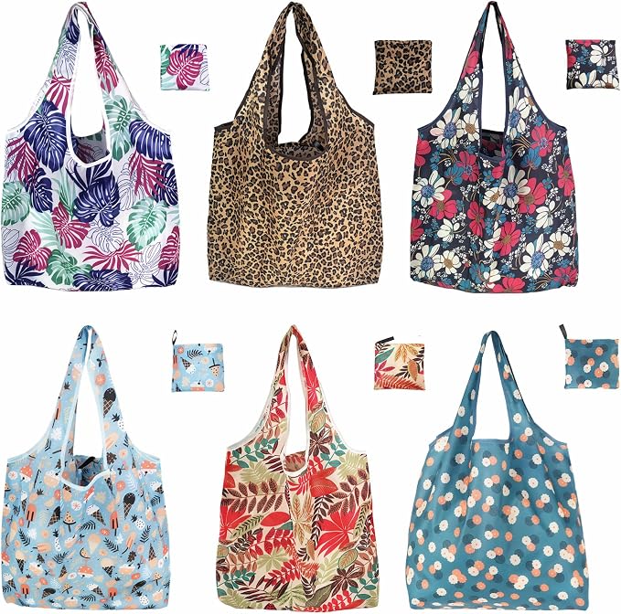 Foldable Reusable Shopping Bags,6 Pack Heavy Duty Tote for Grocery | Lightweight Polyester, machine washable. Compact fold fits in purse. Sturdy 50lb capacity. Great for groceries&travel,Beach