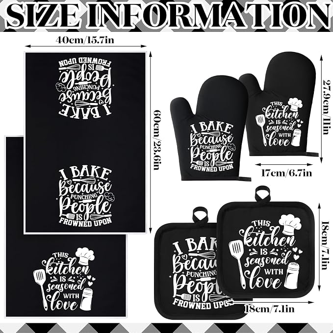 Sratte 6 Pcs Kitchen Decor Accessories Set Set, Baking, Black | Farmhouse Kitchen Towels Pot Holders Oven Mitts Set 2 Dish Towels 2 Potholders 2 Cooking Mittens for Baking Cooking Supply