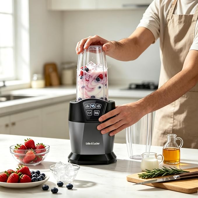 Liebe&Lecker Personal Blender, 1200 Peak Watts Smoothie Blender for Kitchen | Countertop Blenders with 6-Leaf Blade, Two 28-oz To-Go Cups & Spout Lids for Frozen Drinks, Meal Prep, Zero BPA