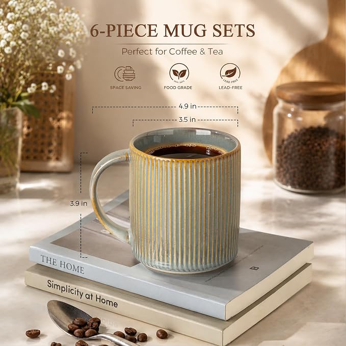 theterra Ceramic Coffee Mugs Set of 4, 14.2 oz Coffee Cups with Handle | Handmade, Suitable for Latte, Tea, Milk, Beer & Hot Cocoa, Desert Sage