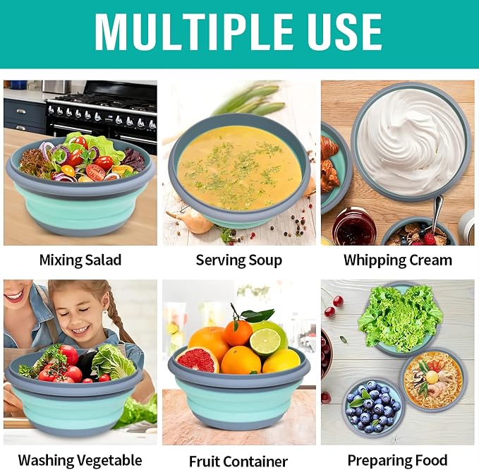 Collapsible Bowls, 3pcs Food Grade Silicone Camping Bowl Salad Bowl with lids, Portable Expandable Lunch Box Food Storage Container for Camping Travel and Picnic,Blue