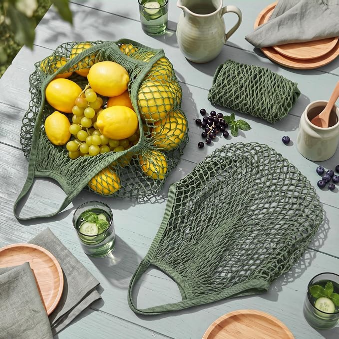 Woanger 24 Pcs Green Short Handle Reusable Cotton Mesh Produce Shopping Bags Washable Grocery Net Portable Fruit and Vegetable Cotton String Bags Net Tote Organizer