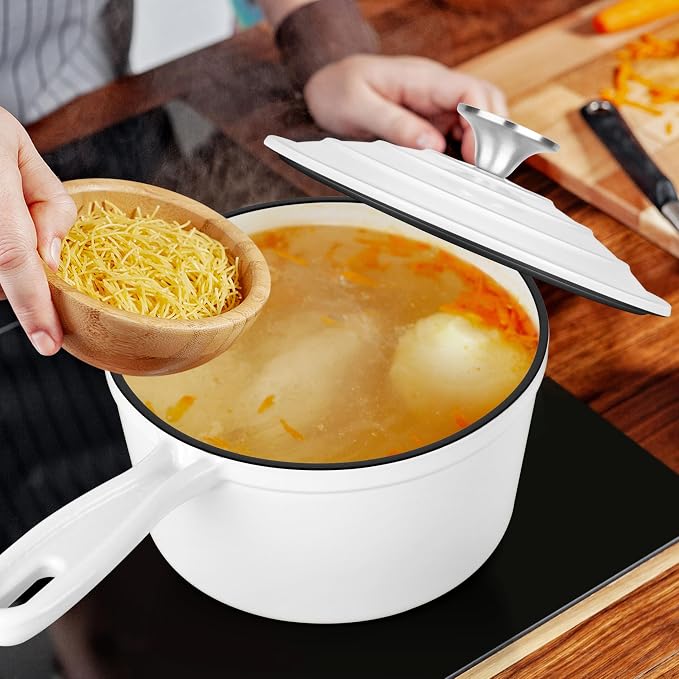 Leonyo 1QT Enameled Cast Iron Saucepan with Lid, Pasta Cookware Pot, White | For All Cooktops Cooking Pasta, Soup, Egg, Up to 500°F & 4.4Lbs