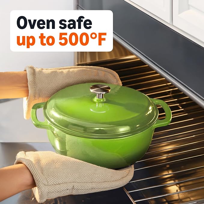 Amazon Basics Enameled Cast Iron Dutch Oven Pot with Lid, Round, Dual Handles, Heavy-Duty, Oven Safe for Stews, Roasting, Baking, 7.3-Quart, Green