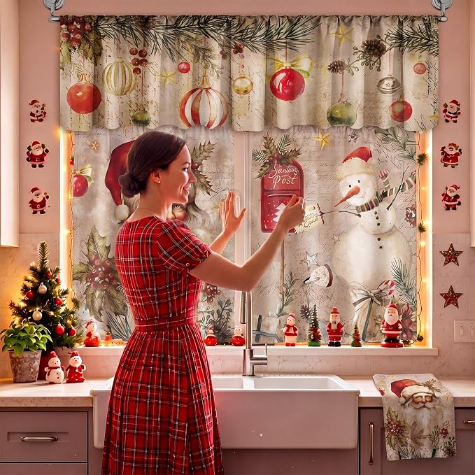 13 Pcs Christmas Kitchen Sets with Santa Snowman Kitchen Towels Christmas Tree Nonslip Mats Curtains Valance Pot Holders Oven Mitts for Xmas Home Decoration Cooking Baking Gift