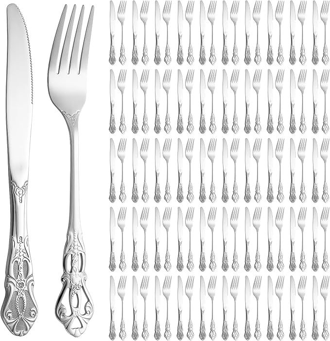 Nuenen 100 Pieces Retro Royal Stainless Steel Dinner Flatware Cutlery Set, Vintage Carved Tableware Set for Butter Kitchen Restaurant, Dishwasher Safe(silver, 8.98 Inches, 8.07 Inches, Classic) | Classic Dinner Flatware, Dishwasher Safe for Kitchen Res...