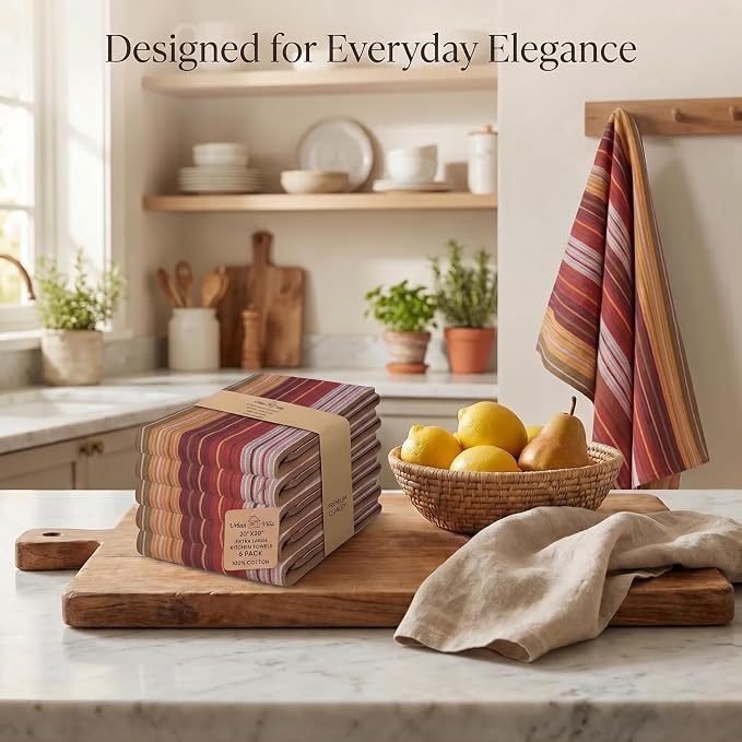 Urban Villa Kitchen Towel Cotton Dish Towel 20”x30” (Set of 6) Harvest Stripe