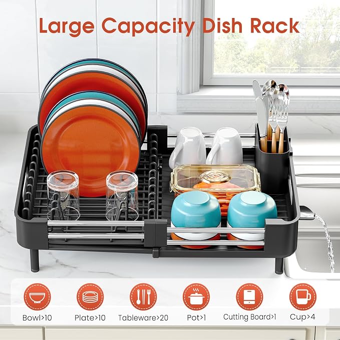 TOOLF Expandable Dish Drying Rack with Cutlery Holder, Standard, Black | Stainless Steel &PP, Extenable 12.6"-18.7"D, Anti-Rust, Auto-Drainage, Space-Saving, Fit for RV, Apartment Sink Countertop