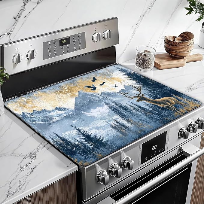 Misty Forest Deer Stove Top Covers for Electric Stove, Mountain Electric Gas Stove Pad Heat Resistant Range Cooktop Protector for Home Decor Kitchen 28"x20"