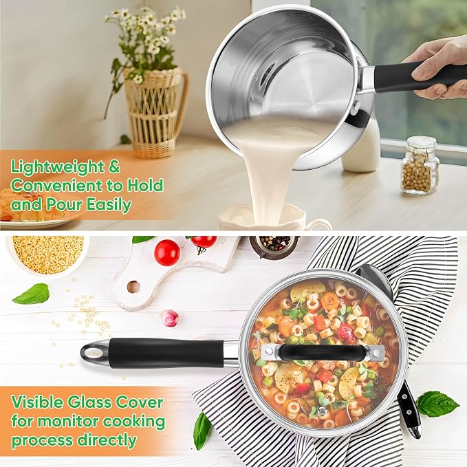 P&P CHEF 2 Quart Stainless Steel Sauce Pan Pot with Lid, Small Saucepan | For Induction Cooking & Multi Stoves, Multipurpose Pot with Visible Glass Lid & Silicone Handle, Rust Free & Dishwasher Use