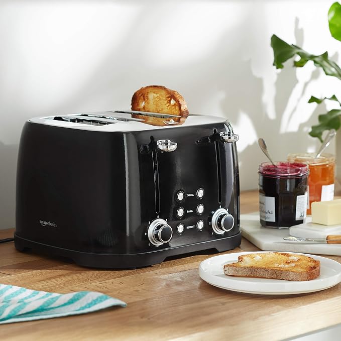 Amazon Basics 4 Slice Toaster with 4 Slots, 6 Browning Settings, Defrost, Removable Crumb Tray, Bagel Function, Cancel Button, 1600W, Black