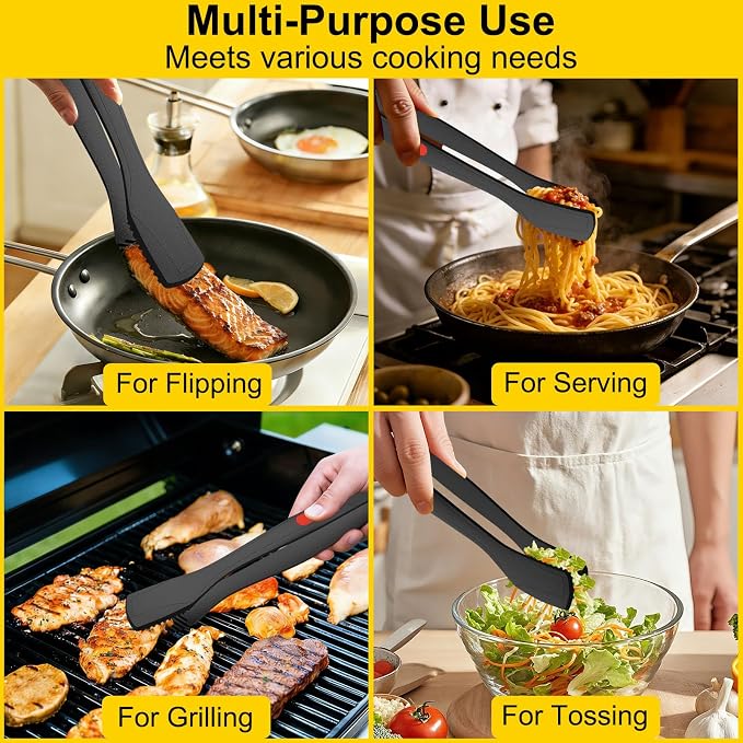 Beijiyi Silicone Kitchen Tongs for Cooking, 9" & 12", Heat Resistant, Black | BPA-Free Silicone Tip, Non-Stick Safe, Stainless Steel Core, Food Tongs for Cooking, Serving and Grilling, Dishwasher Safe