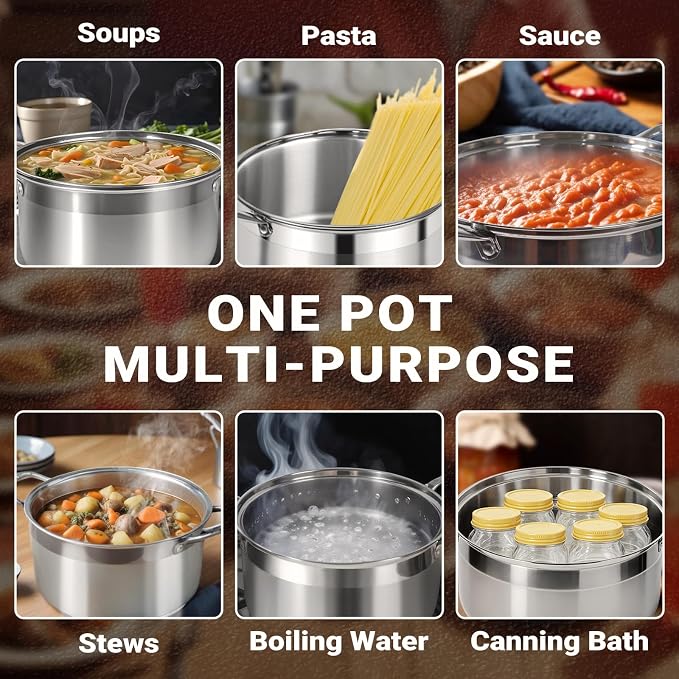 Kirecoo 8 Quart Stainless Steel Induction Stock Pot with Visible Lid | Heavy Duty, Even Heat, Thick Nonstick Base, Deep Cookware for Soup Pasta & Spaghetti, Ideal for Canning, Boiling & Simmering