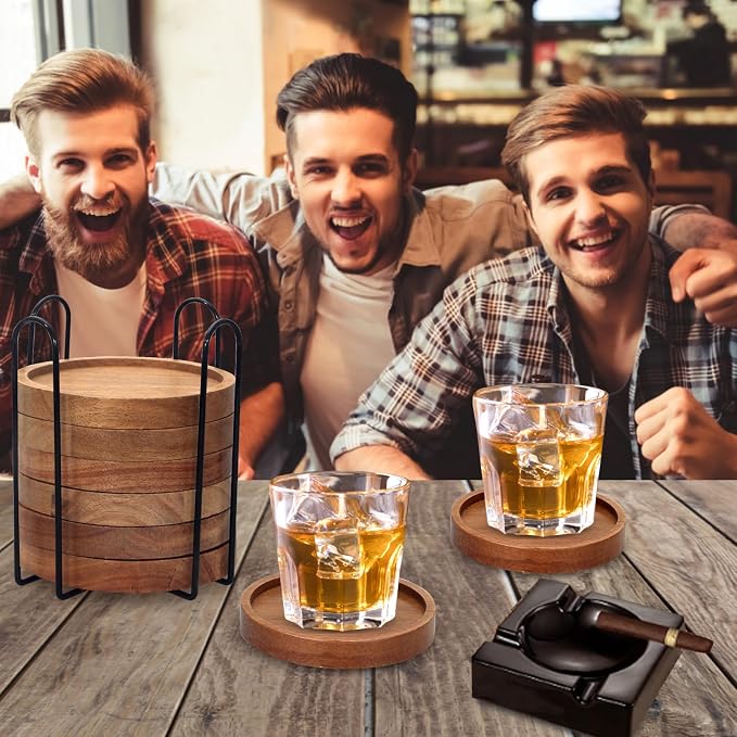 Acacia Wood Coasters Set of 8 Bar Accessories Table Decor Wooden Coaster | Rustic Vintage Drink Coaster with Holder Kitchen Decoration Cool Home Outdoor Cup Coster porta vasos Table Centerpieces