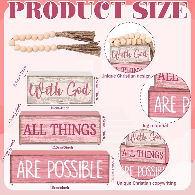 Lineshading 4 Pcs Christian Table Decor Pink God All Things are Possible | Prayer Room Shelf Decor, Christian Home Accents, Tiered Tray Books Style, Rustic Faith Quote, Tabletop Gift for Believers