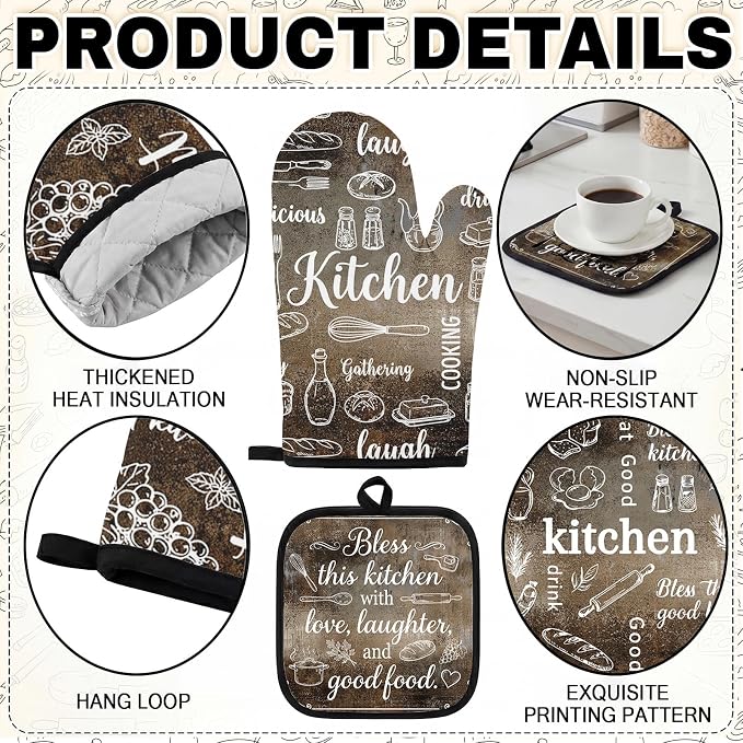 10 Pcs Kitchen Decor and Accessories Set, Vintage Rustic | Grunge Gray Brown 4 Dish Towels Kitchen Rugs 2 Oven Mitts 2 Pot Holders, Home Decor for Cooking Baking BBQ Housewarming