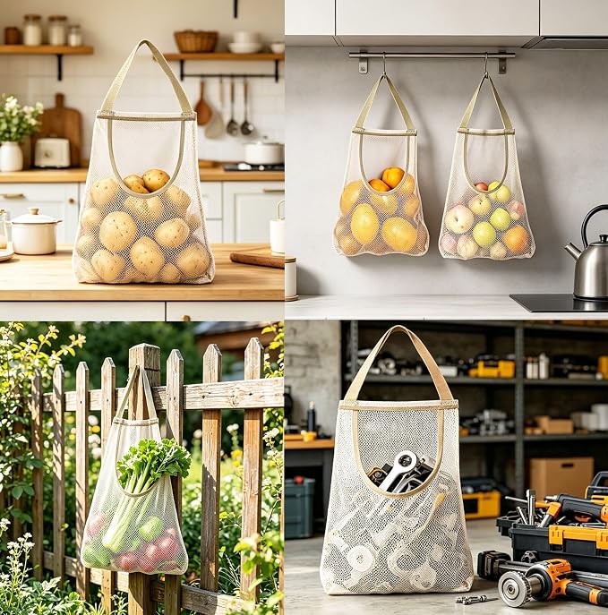 Ahyuan 5 Pack Hanging Mesh Storage Bags For Potatoes,Onions,Garlics,Vegetables Long and Large Reusable Net Storage Tote Bags for Fruit Veggies Green Pepper or Garbage Bag (Beige)