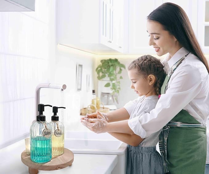 JASAI 2PACK 18Oz Simple Glass Soap Dispensers with Black Rust Proof Pump | Refillable Kitchen soap Dispenser with Vertical Stripe, Bathroom Soap Dispenser for Bathroom Hand soap, Dish Soap, Lotion
