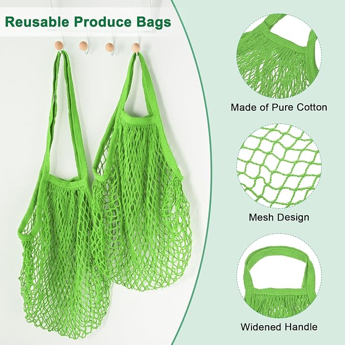 M METERXITY 2-Pack Cotton Mesh Bag, Reusable Washable Mesh Net String Grocery Bags, Reusable Produce Bags with Handle, Net Tote Bag for Fruits/Vegetables Shopping [Green, Long&Short Handle]