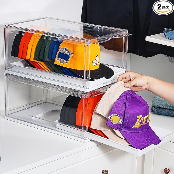 Vtopmart 2 Pack Stackable Baseball Caps Organizer, Each Holds 12 hats | with Sliding Drawer, Magnetic Door, Stackable, Transparent