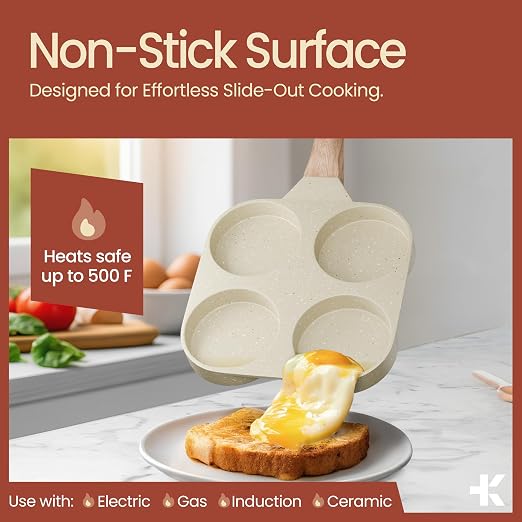 4-Cup Nonstick Frying Egg Pan White Marble, Granite Pancake Pan, PFOS & PFOA Free, Die-Cast Aluminum with Heat-Resistant Handle, 500°F Stove-Safe, Compatible with Induction, Gas & Electric Cooktops