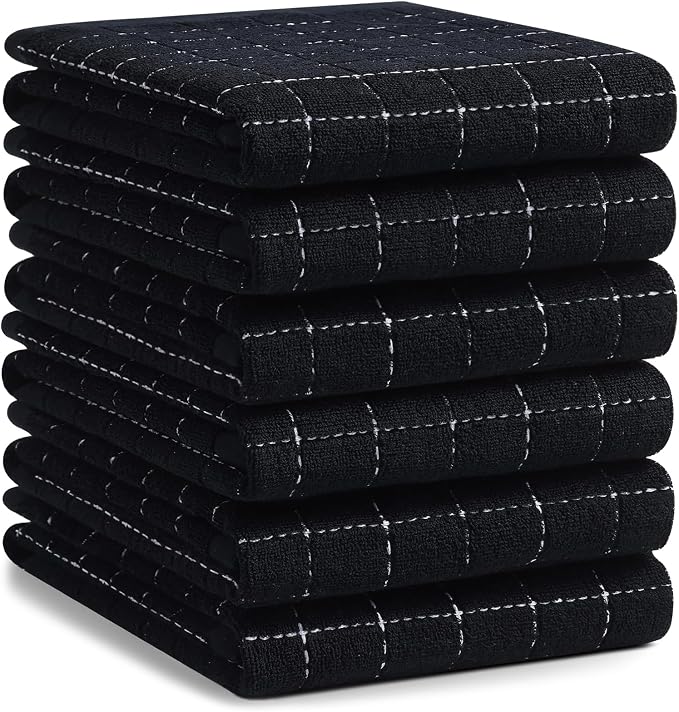 Homaxy 100% Cotton Terry Kitchen Towels, Large 6 Pack, Black | Ultra Soft and Absorbent Dish Towels for Kitchen, Suitable for Drying and Washing Dishes