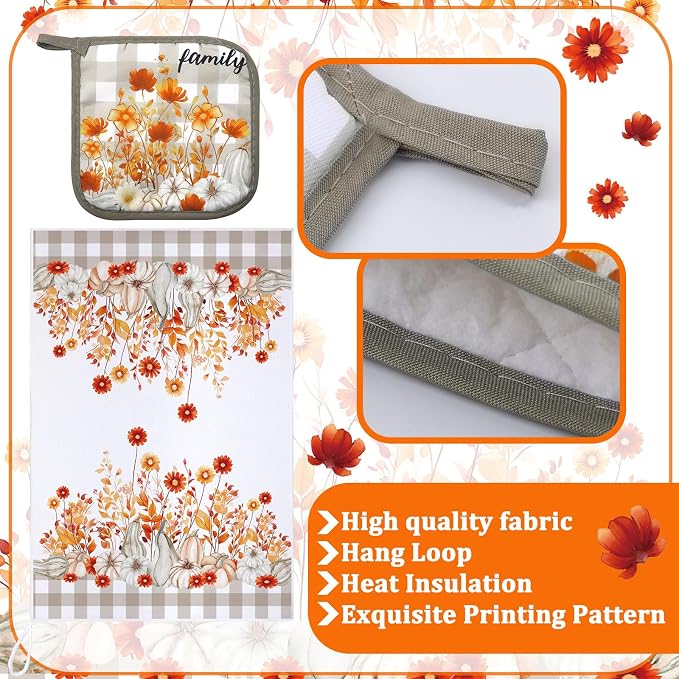 Leinuosen 6 Pack Fall Thanksgiving Kitchen Set with 2 Flower Dish Towels, 2 Pumpkin Pot Holders and 2 Buffalo Plaid Oven Mitts for Gifting, Baking, and Cooking Accessories
