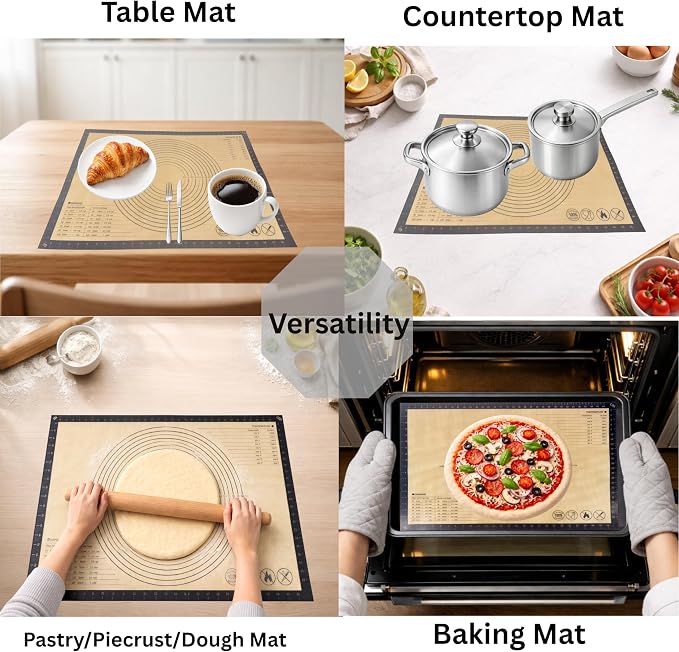 Silicone Pastry Mat with Measurements, 28 x 20 Inch Extra Thick Non-Slip Nonstick XL Baking Mat for Dough Rolling, Kneading, Fondant and Pie, Gray