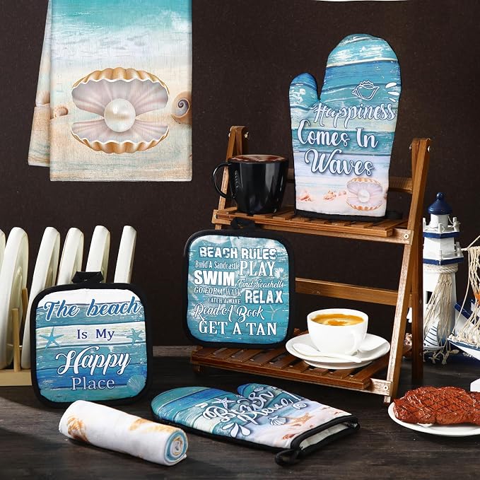 Mindsoft 6 Pcs Summer Beach Kitchen Towels Pot Holders Oven Mitts Set Island Decorations for Kitchen Include Coastal Dish Towel Beachy Rustic Oven Gloves Pot Holders for Christmas House Gifts