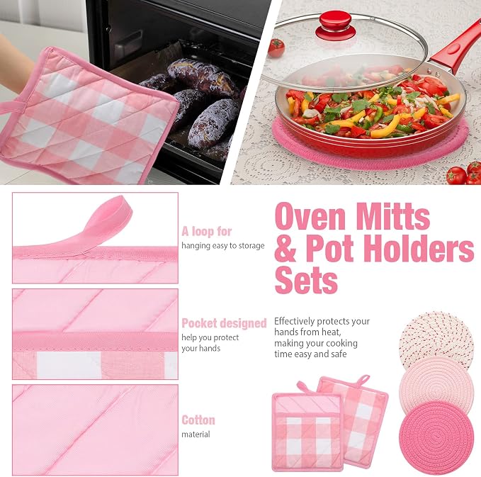 Pink Oven Mitts and Pot Holders 7 Sets, Pink White, Cotton, Plaid | Heat Resistant Kitchen Gloves, Pads Pot Holders for Women, Chritsmas Gifts Kitchen Accessories Gift