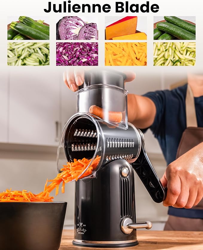 Zulay Kitchen Rotary Cheese Grater 5 Blade Cheese Shredder - Manual Hand Crank Cheese Grater With Reinforced Suction & 5 Interchangeable Drums - Easy to Use, Vegetable Chopper Round Mandoline Slicer