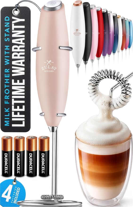 Zulay Kitchen Powerful Milk Frother Wand With Duracell Batteries - Ultra Fast Handheld Drink Mixer - Electric Whisk Foam Maker for Coffee, Lattes, Cappuccino & Matcha - Z1 Motor - Pink Salt