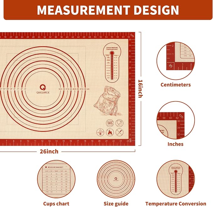 Silicone Baking Pastry Dough Mat - 26x16Inch Extra Large Cookie Bread Rolling Mats Sheet, Nonstick Kitchen Counter Kneading Board, Thick Reusable Pie Cookies Pizza Fondant Making Matt with Measurement