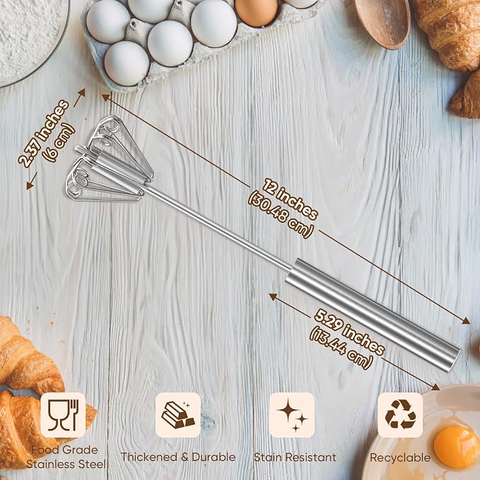 Whizzy Whisk, Stainless Steel Egg Whisk, Hand Push Rotary Whisk Blender, Versatile Milk Frother, Hand Push Mixer Stirrer for Blending, Whisking, Beating & Stirring (12in)