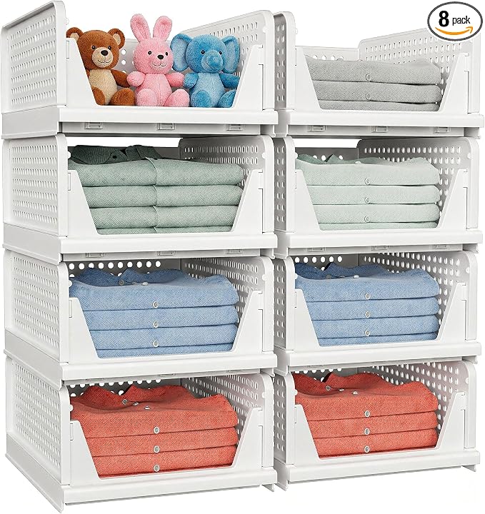 8 Pack Stackable Closet Storage Basket - Stackable Storage Bins | Multifunctional & Foldable Closet Organizer Waterproof, Wardrobe Cupboard Space-Saving Storage Drawer Organizer