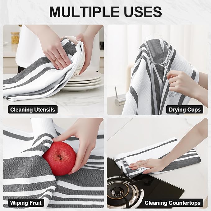 Homaxy Premium Cotton Stripe Kitchen Towels 12 Pack, 18"x 28", Black | Large 380 GSM Kitchen Hand Towels, Soft Terry Dish Towels, Highly Absorbent Tea Towel Set with Hanging Loop