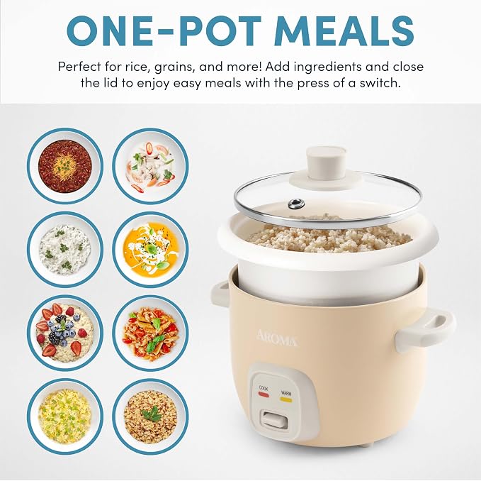 AROMA® Mini Rice Cooker, 2-Cup (Uncooked) / 4-Cup (Cooked), Grain Cooker, Soup Maker, Oatmeal Cooker, Auto Keep Warm, 1 Qt, Milk Tea, ARC-302NGMT