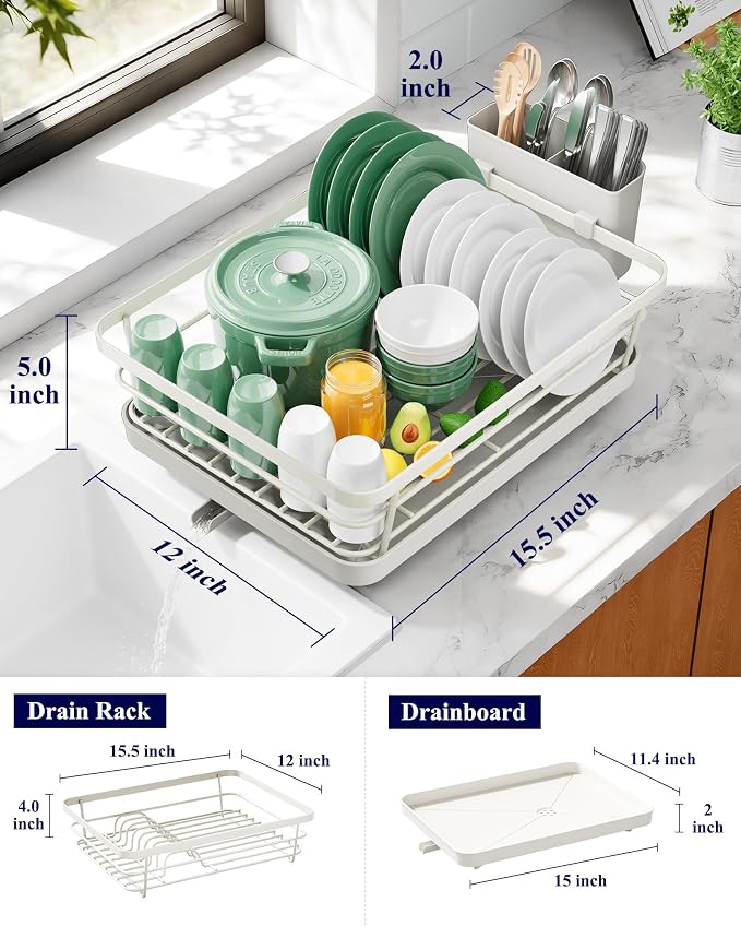 Kitsure Dish Drying Rack for Kitchen Counter, 12''W x 15.5''L, Light Grey | Stainless Steel Sink Organization, Cutlery Holder, Home and Appartment Decor