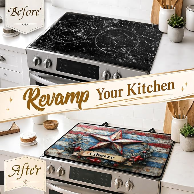 Patriotic Electric Stove Top Cover | Heat Resistant Glass Cooktop Protector for Kitchen Ceramic Countertops, Multiuse Stove Cover and Dish Drying Mat