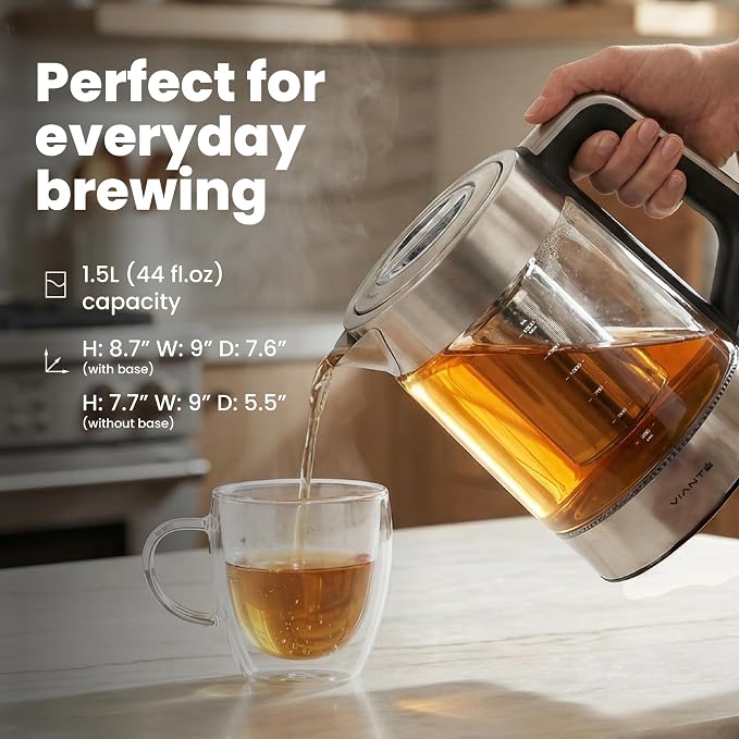Viante Alba Electric Tea Kettle With Infuser, No Plastic, 1.5L | Borosilicate glass & 304 stainless steel construction. 4 temp presets, keep-warm, cordless, auto shut-off