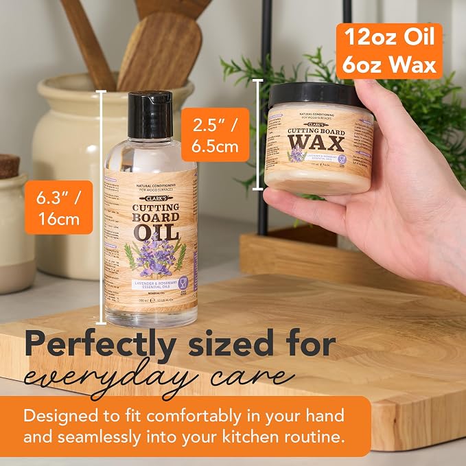 CLARK'S Cutting Board Oil & Wax Kit, Lavender Rosemary Scent - Set of 2 | Includes Food Grade Mineral Oil (12oz), Cutting Board Wax (6oz) for Cutting Boards, Butcher Blocks & Kitchen Wooden Utensils