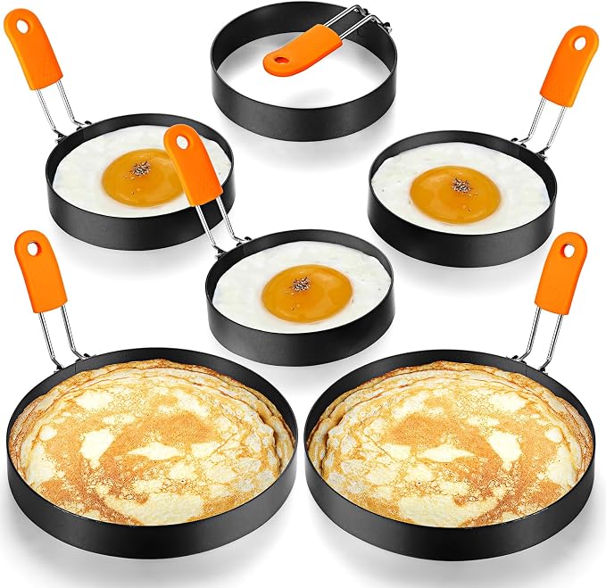 Patelai 6 Pcs Egg Rings for Griddle Nonstick Pancake Molds,4, 6 Inch | Stainless Steel with Orange Silicone Handle, Fried Egg Shapers Molds, Adjustable for Breakfast Omelette Sandwich