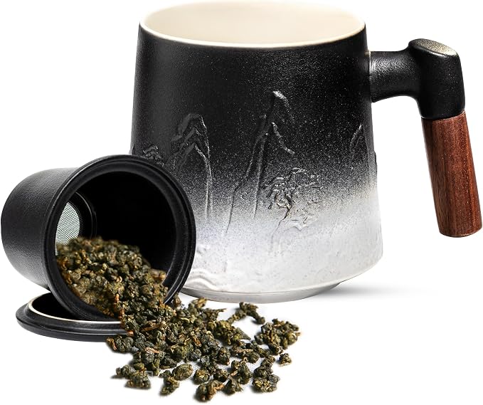 suyika Ceramic Tea Cup with Infuser and Lid, Gradient Embossed Large Tea Mug Wooden Handle for Steeping Loose Leaf, Tea Lover Gifts 15.2 oz / 450 ml,Matte Black | Gradient Embossed, Large Tea Mug, Wooden Handle