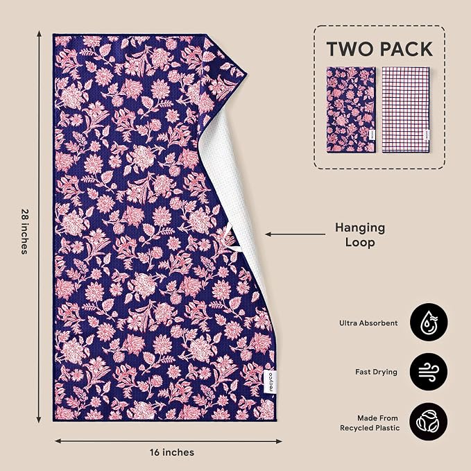 RECYCO Waffle Kitchen Towel Set of 2 - Quick Dry Microfiber Sustainable Dish Towels - Ultra Absorbent Reusable Cleaning Tea Towels - Lightweight Hand Towels,16”x 28”, Americana Bloom