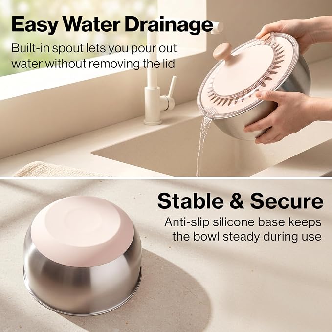 Salad Spinner Stainless Steel - Lettuce Fruit Vegetable Washer | 5.3Qt BPA-Free, Stop Button, Crank Handle & Drain Spout - Kitchen Colander Produce Cleaner, Non-Slip, Dishwasher Safe